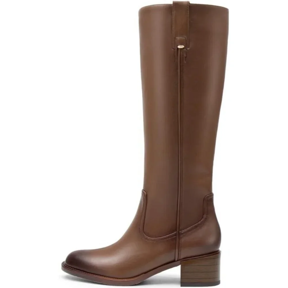 Women's Khaki Chunky Low Block Heel Round Toe Faux Leather Knee High Boots
